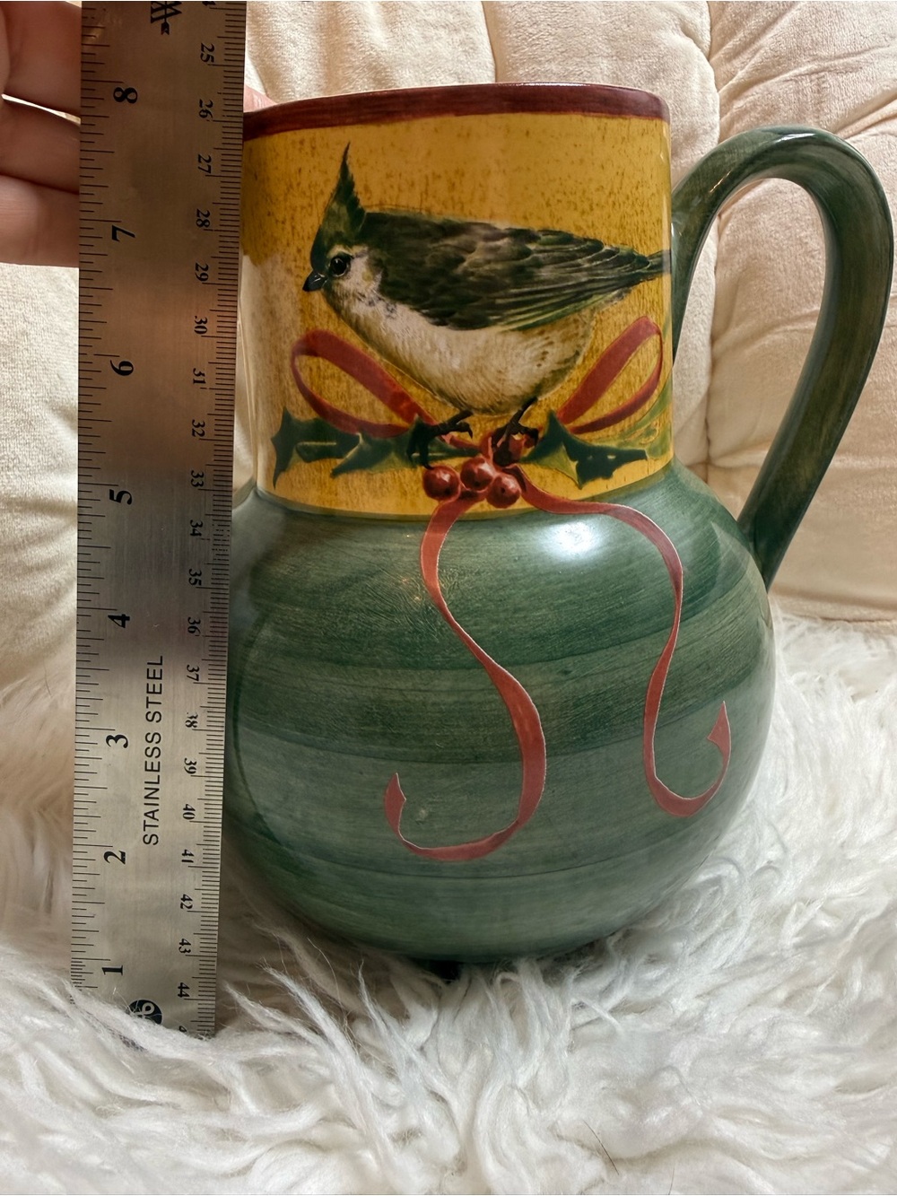 LENOX Winter Greetings Earthenware Everyday Pitcher 64oz Christmas Birds Holly